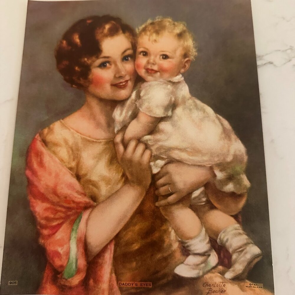 Vintage Cherubic Charlotte Becker Calendar Print "Daddy's Eyes"
